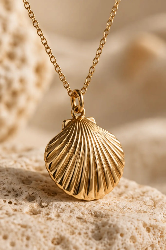 Gold seashell pendant on a chain